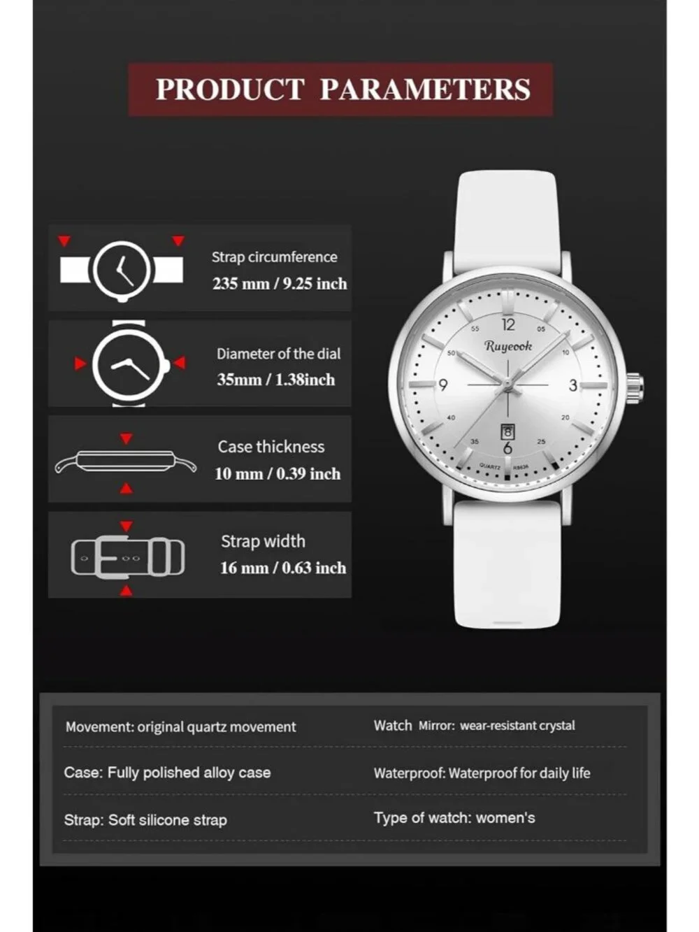 Women's White Analog Quartz Silicone Band Calendar Date Display Wrist Watch